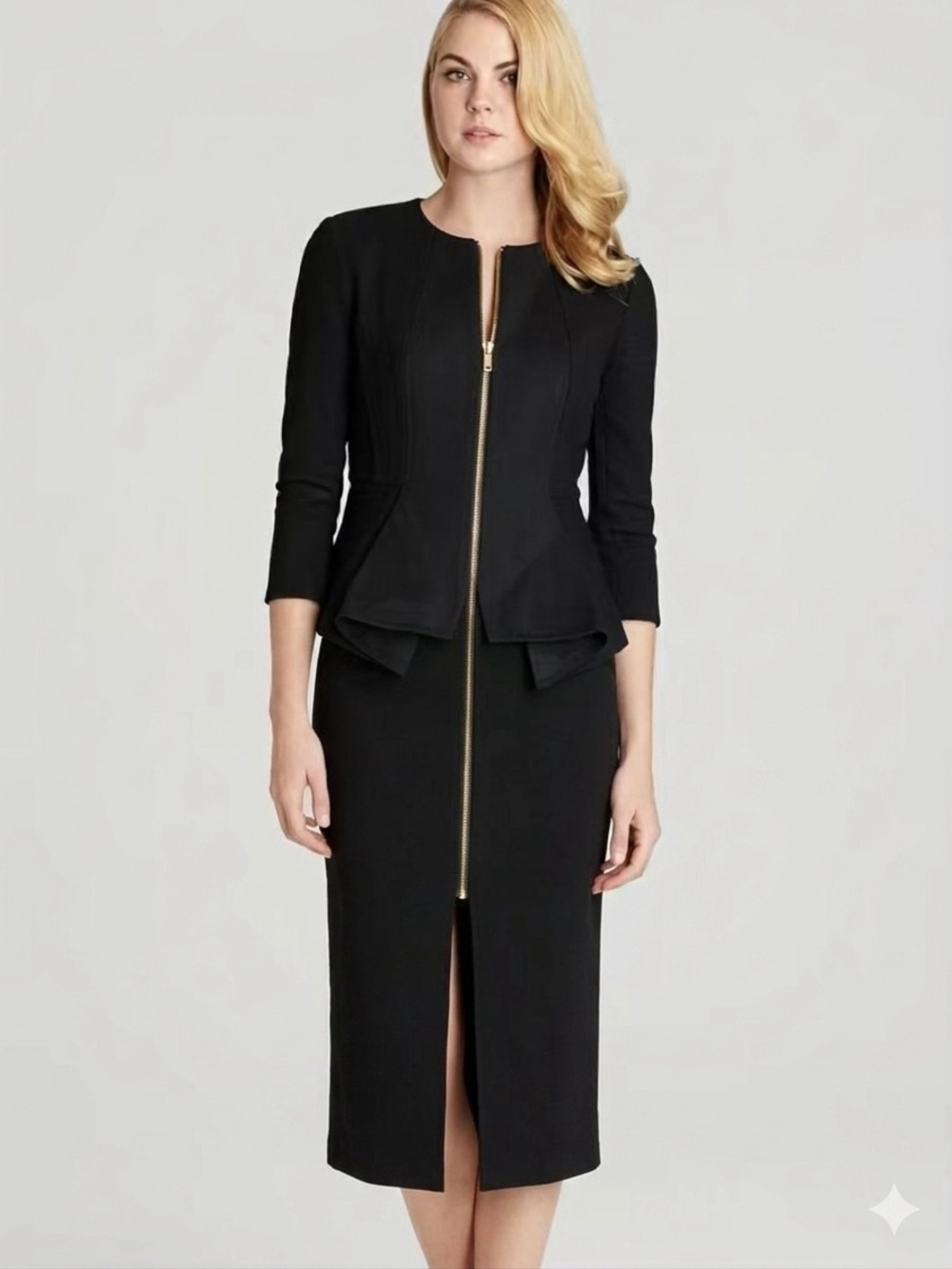 $380 Ted Baker Gold Zipper Business Layered Midi Symmetrical Dress Long Sleeves